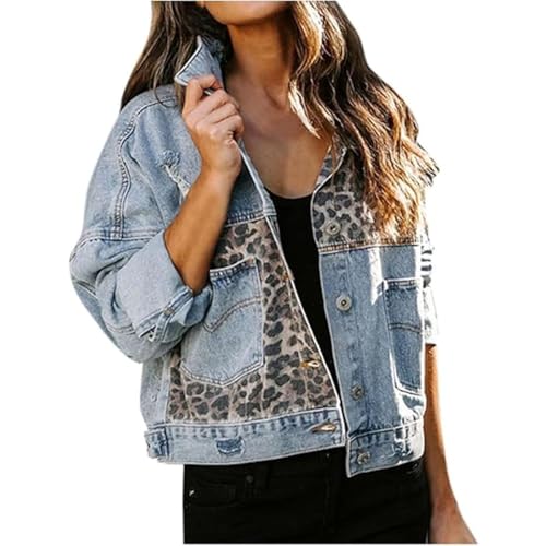 JIAALU Vintage Jeansjacke für Damen im Western-Stil mit Leopardenmuster Denim Übergangsjacke für Herbst mit Knopftaschen Stylische Streetwear und Freizeitjacke von JIAALU