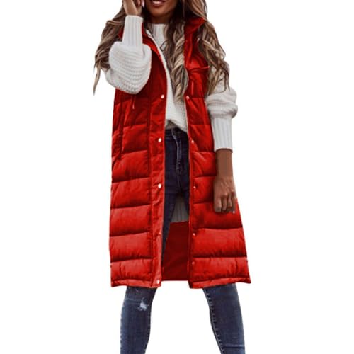 JIAALU Weste Damen Lang Steppweste Winter Daunenweste ÜbergangswesteWinterjacke Longweste Winterweste Leichte Warm Gesteppt Casual Reißverschluss Pufferjacke mit Kapuze von JIAALU