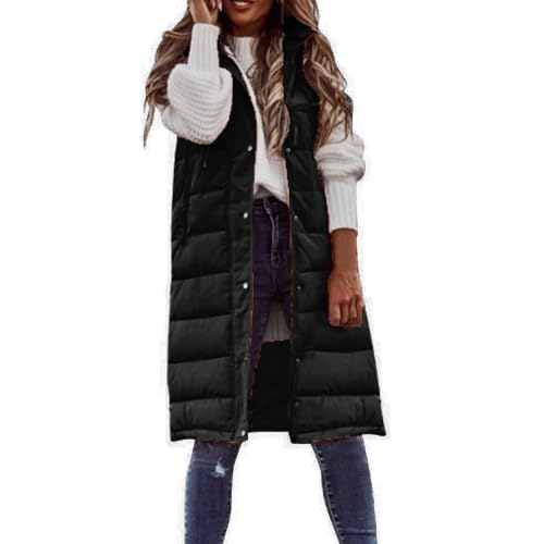 JIAALU Weste Damen Lang Steppweste Winter Daunenweste ÜbergangswesteWinterjacke Longweste Winterweste Leichte Warm Gesteppt Casual Reißverschluss Pufferjacke mit Kapuze von JIAALU