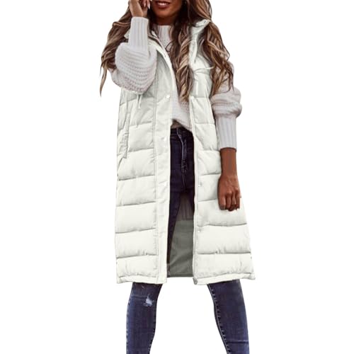 JIAALU Weste Damen Lang Steppweste Winter Daunenweste ÜbergangswesteWinterjacke Longweste Winterweste Leichte Warm Gesteppt Casual Reißverschluss Pufferjacke mit Kapuze von JIAALU