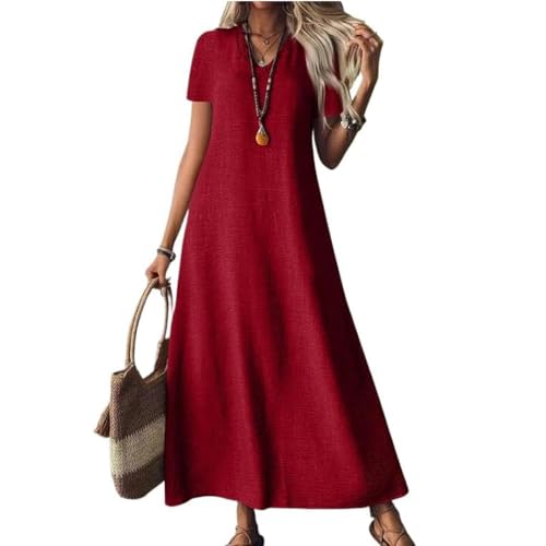 JIAALU langes Leinenkleider für Damen 2025 lässiges Schlichtes V-Ausschnitt kurzärmliges Maxikleid fließendes Sommerkleid für Strand und Urlaub von JIAALU