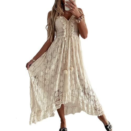 Damen Boho Maxikleid Spitze Cutout Sling Solid Strandkleid Sexy V-Ausschnitt Armellos Spaghettiträger Rückenfrei Strandkleid mit Rüschen (BeigeB,M) von JIABAOZ