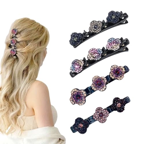 Glitzernde Kristall-Stein Geflochtene Haarspangen, Doppelschicht Haarspangen für Frauen Mädchen, Kolibri Haarspange mit Kristallblume (4 set) von JIABAOZ