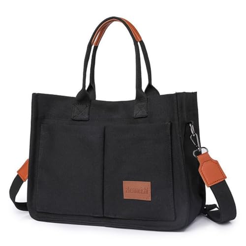 JIABAOZ Canvas Tasche Damen, Große Tote Bag, Arbeitstasche Damen, Handtasche Umhängetasche Schultertasche Mit Fächern Für Uni, Schule, Shopper (Schwarz) von JIABAOZ