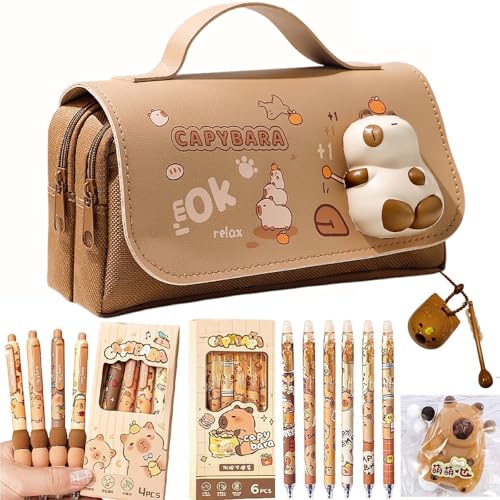 JIABAOZ Capybara Federmäppchen mit Zubehör, Capybara Schreibwaren Geschenkset mit Radierbarer Kugelschreiber & Squeeze Quetschspielzeug,Mehrlagig Capibara Aufbewahrungstasche von JIABAOZ