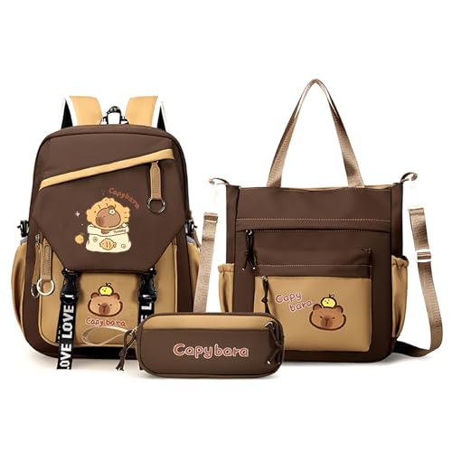 JIABAOZ Capybara Rucksack Kinder, Capybara Rucksack Set mit Federmäppchen & Tragetasche, Schulrucksack Groß für Mädchen, Kawaii Design für Schule & Freizeit (Set-D) von JIABAOZ