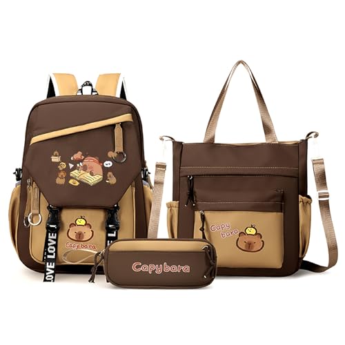 JIABAOZ Capybara Rucksack Kinder, Capybara Rucksack Set mit Federmäppchen & Tragetasche, Schulrucksack Groß für Mädchen, Kawaii Design für Schule & Freizeit (Set-E) von JIABAOZ