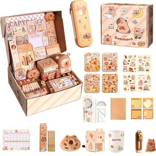 JIABAOZ Capybara Schreibwaren Set, Federmäppchen Aesthetic Capybara Schreibwaren Sachen mit Bleistifte, Aufkleber, Bleistiftspitzer, Süßes Schreibwaren Geschenkset für Kinder (A) von JIABAOZ