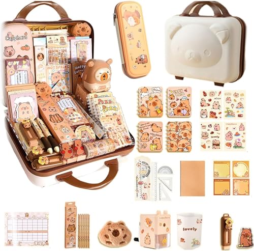 JIABAOZ Capybara Schreibwaren Set, Federmäppchen Aesthetic Capybara Schreibwaren Sachen mit Bleistifte, Aufkleber, Bleistiftspitzer, Süßes Schreibwaren Geschenkset für Kinder (B) von JIABAOZ