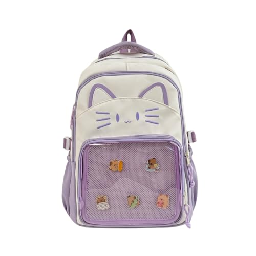 JIABAOZ Kawaii Cat Ita Bag Rucksack mit Anstecknadel-Display, stilvolle Reisetasche für Frauen, leichtes Design für Modeliebhaber (Lila) von JIABAOZ