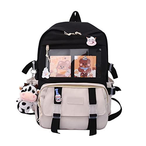JIABAOZ Kawaii Rucksack Mit Nadeln Und Plüschtier-Anhänger, Für Damen Und Mädchen, Adretter Stil, PVC, Patchwork, Transparenter Rucksack, Schultasche, Große Kapazität (Schwarzrosa) von JIABAOZ