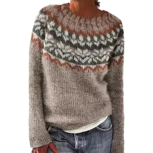 JIABAOZ Norweger Pullover Damen Kaschmir, Eleganter Bunter Strickpullover, Weicher Wollpullover mit Rundhals und Langarm, Warmes Herbst-Winter Outfit in Großen Größen (2XL,Camel) von JIABAOZ