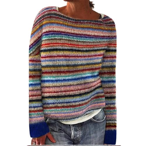 JIABAOZ Norweger Pullover Damen Kaschmir, Eleganter Bunter Strickpullover, Weicher Wollpullover mit Rundhals und Langarm, Warmes Herbst-Winter Outfit in Großen Größen (S,Rainbow Stripes) von JIABAOZ