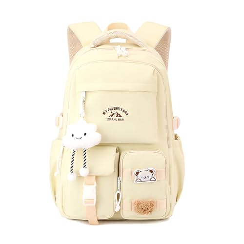 JIABAOZ Schultasche Mädchen Rucksack Schule Mädchen, Süßer Kawaii Rucksack mit Etiketten und Abzeichen,Große Mehrere Fächer, Nylon Stoff für Universität Reisen Freizeit Arbeit (Yellow) von JIABAOZ