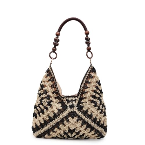 JIABAOZ Strohtasche Damen Geflochtene Tasche, Sommer Korbtaschen Damen Mittelgroß Basttasche Boho Stroh Woven Bag Flechttasche Für Strand Reisen Urlaub (Schwarz) von JIABAOZ