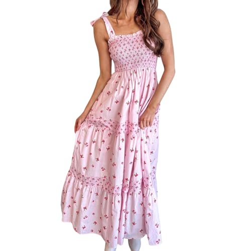 JIABAOZ Women Tie Shoulder Boho Floral Maxi Dress Y2k Smocked Flowy Lace Sundress Spaghetti Strap Summer Long Beach Dress (Pink_B,S) von JIABAOZ