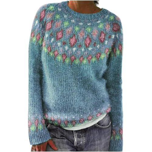 Norweger Pullover Damen Kaschmir, Eleganter Bunter Strickpullover, Weicher Wollpullover mit Rundhals und Langarm, Warmes Herbst-Winter Outfit in Großen Größen (L,Blue Diamond) von JIABAOZ