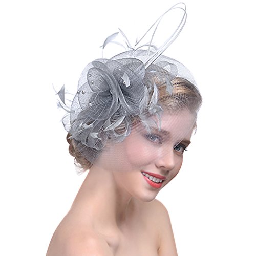 Damen Fascinator Hut Vintage Schleier Hut Mesh Feder Stirnband mit Haarspange Braut Kopfschmuck Haarschmuck Haar Clip Hut Kopfbedeckung für Party Kirche Hochzeit Cocktail Jockey Club von JIAHG