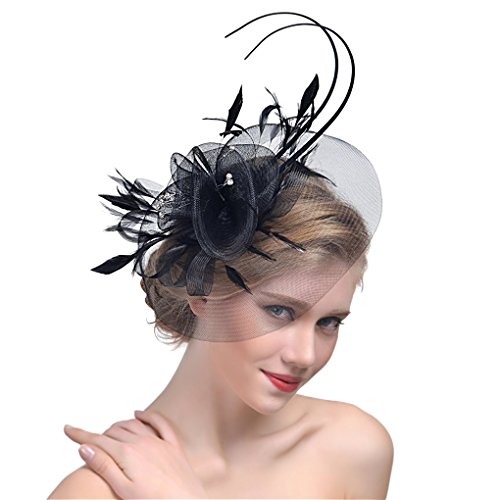 Damen Fascinator Hut Vintage Schleier Hut Mesh Feder Stirnband mit Haarspange Braut Kopfschmuck Haarschmuck Haar Clip Hut Kopfbedeckung für Party Kirche Hochzeit Cocktail Jockey Club von JIAHG