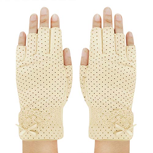 Damen Sommer Halbfinger Handschuhe Baumwolle Fahrradhandschuhe Kurz Spitzenhandschuhe Anti-Rutsch, Anti-UV Schutz, Dünn Sonnenschutz Fäustlinge Gloves für Fahren Outdoor Motorrad Radfahren (Beige) von JIAHG