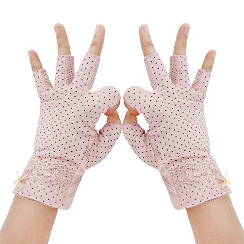 Damen Sommer Halbfinger Handschuhe Baumwolle Fahrradhandschuhe Kurz Spitzenhandschuhe Anti-Rutsch, Anti-UV Schutz, Dünn Sonnenschutz Fäustlinge Gloves für Fahren Outdoor Motorrad Radfahren (Rosa) von JIAHG