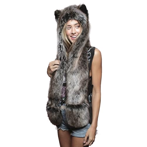 JIAHG Damen Kunstpelz Tier Kapuze Mütze Schal mit Handschuhe Tasche 3 in 1 Winter Weich Warm Flauschig Pelzigen Ohrenklappen Hut, Schal Fäustling Set Halloween Kostüm Hut von JIAHG