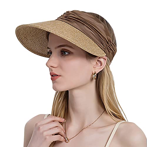 JIAHG Damen Sonnenhut mit großer Krempe Faltbar Sun Visor Cap Hüte Frauen Sommer Strohhut Sonnenblende Sport Strand Hut Sommerhut für Strand Golf von JIAHG