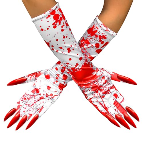 JIAHG Halloween Blutige Handschuhe: Lange Nagelhandschuhe für Erwachsene, Partygänger, Cosplayer, Schauspieler - Weiß, Rot - Elastane/Fabric - Größe M von JIAHG