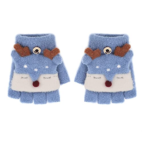 JIAHG Kinder Halbfinger Handschuhe Fingerlose Fäustlinge Mädchen Winter Cartoon Fingerhandschuhe Strickhandschuhe Thermohandschuhe mit Klappe (Blau A) von JIAHG