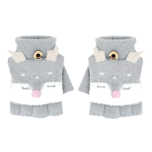 JIAHG Kinder Halbfinger Handschuhe Fingerlose Fäustlinge Mädchen Winter Cartoon Fingerhandschuhe Strickhandschuhe Thermohandschuhe mit Klappe (Grau A) von JIAHG