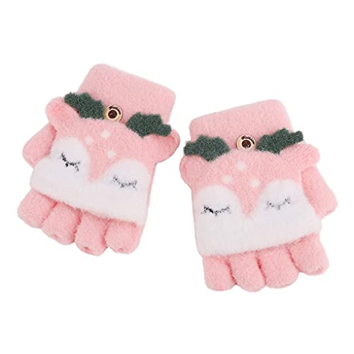 JIAHG Kinder Halbfinger Handschuhe Fingerlose Fäustlinge Mädchen Winter Cartoon Fingerhandschuhe Strickhandschuhe Thermohandschuhe mit Klappe (Rosa A) von JIAHG