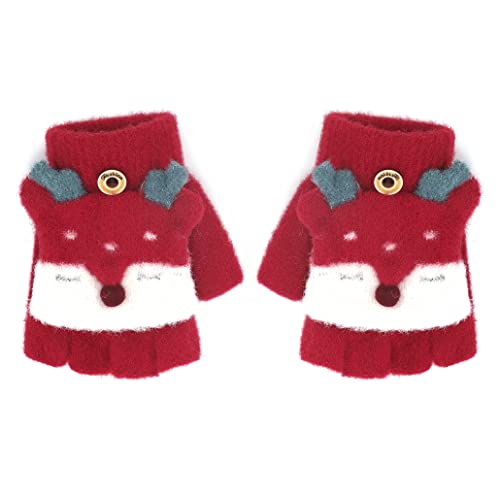 JIAHG Kinder Halbfinger Handschuhe Fingerlose Fäustlinge Mädchen Winter Cartoon Fingerhandschuhe Strickhandschuhe Thermohandschuhe mit Klappe (Rot B) von JIAHG