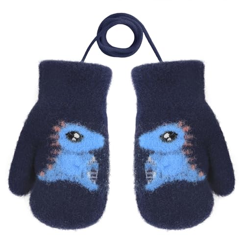JIAHG Unisex Kinder Fäustling Baby Winter Handschuhe Gloves Fausthandschuhe Halshandschuhe Dicke Warm Strickhandschuhe Kinder Skihandschuhe Laufhandschuhe mit schnur (Dinosaurier - marineblau) von JIAHG