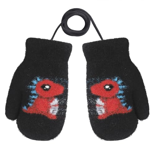 JIAHG Unisex Kinder Fäustling Baby Winter Handschuhe Gloves Fausthandschuhe Halshandschuhe Dicke Warm Strickhandschuhe Kinder Skihandschuhe Laufhandschuhe mit schnur (Dinosaurier - schwarz) von JIAHG