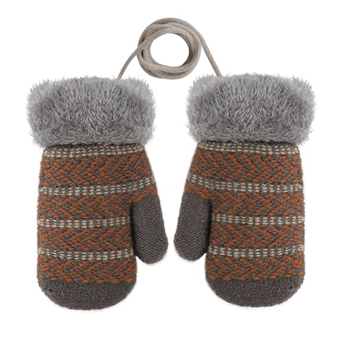 JIAHG Unisex Kinder Fäustling Baby Winter Handschuhe Gloves Fausthandschuhe Halshandschuhe Dicke Warm Strickhandschuhe Kinder Skihandschuhe Laufhandschuhe mit schnur (Streifen - braun) von JIAHG
