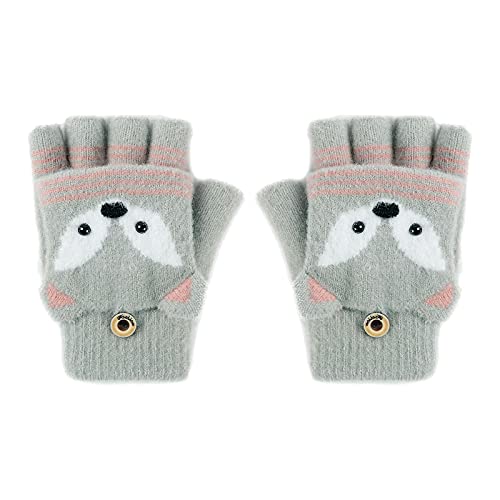 JIAHG Kinder Halbfinger Handschuhe Fingerlose Fäustlinge Mädchen Winter Cartoon Fingerhandschuhe Strickhandschuhe Thermohandschuhe mit Klappe (Fuchs Grau Grün) von JIAHG