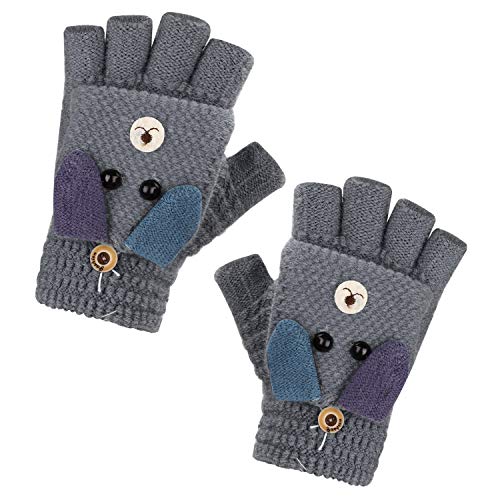 Kinder Halbfinger Handschuhe Fingerlose Fäustlinge Mädchen Winter Cartoon Fingerhandschuhe Strickhandschuhe Thermohandschuhe mit Klappe von JIAHG