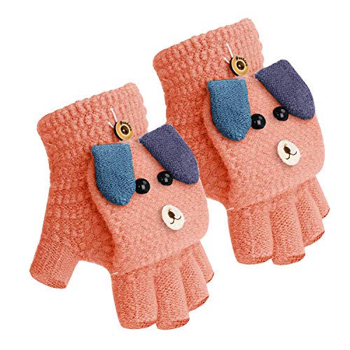 Kinder Halbfinger Handschuhe Fingerlose Fäustlinge Mädchen Winter Cartoon Fingerhandschuhe Strickhandschuhe Thermohandschuhe mit Klappe von JIAHG