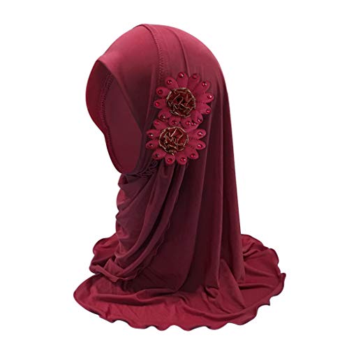 Mädchen Muslimischer Hijab Kinder Bandana Kopftuch Hut Mädchen Moslem Schal Turban Hut mit Blumen Sommer Arabische Hals Islamische Kopfkappe Kopfbedeckung Sonnenschutz Kappe, 2-7 Jahre alt (Rot) von JIAHG