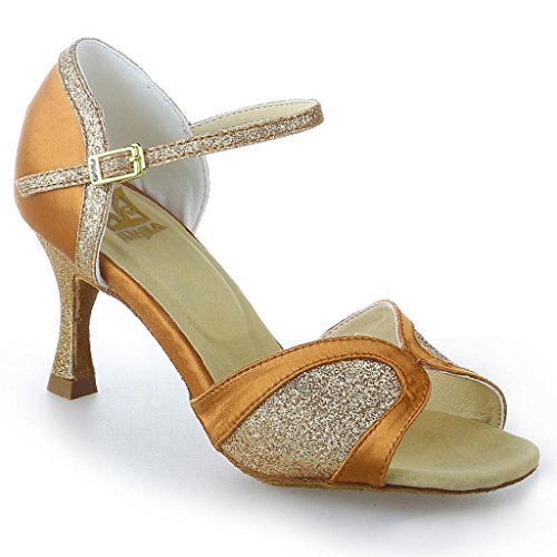 JIA JIA 2051 Damen Sandalen Ausgestelltes Heel Super-Satin mit funkelnden Glitter Latein Tanzschuhe Tan, 42 von JIAJIA
