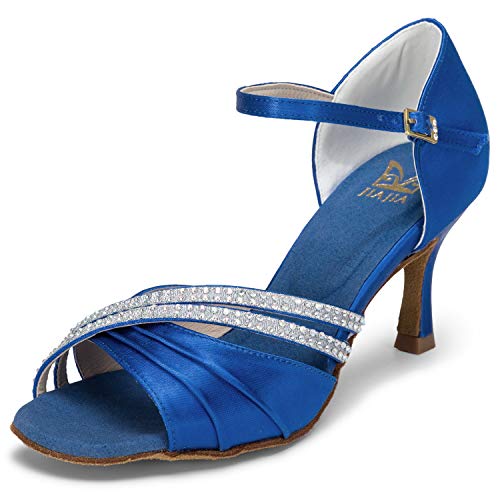 JIA JIA 20524 Damen Sandalen Ausgestelltes Heel Super-Satin Latein Strass Tanzschuhe Farbe Blau,Größe 34 EU von JIAJIA