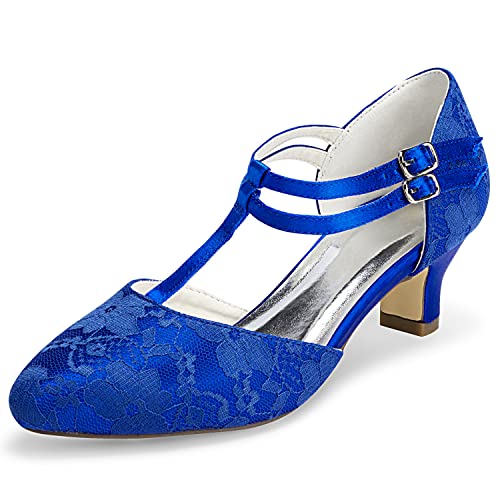 JIAJIA 00968 Damen Brautschuhe Geschlossener Zeh T-Strap Block Niedriger Absatz Spitze Satin Pumps Hochzeitsschuhe Farbe Blau,Größe 36 EU (3 UK) von JIAJIA