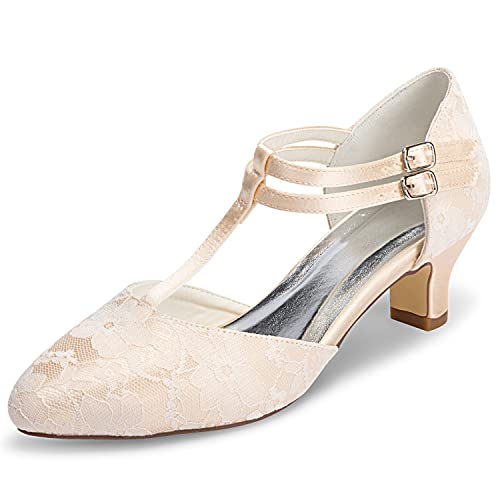 JIAJIA 00968 Damen Brautschuhe Geschlossener Zeh T-Strap Block Niedriger Absatz Spitze Satin Pumps Hochzeitsschuhe Farbe Champagner,Größe 39 EU (5.5 UK) von JIAJIA