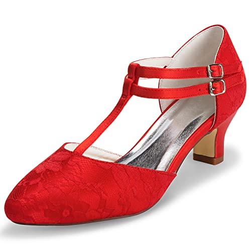 JIAJIA 00968 Damen Brautschuhe Geschlossener Zeh T-Strap Block Niedriger Absatz Spitze Satin Pumps Hochzeitsschuhe Farbe Rot,Größe 39 EU (5.5 UK) von JIAJIA