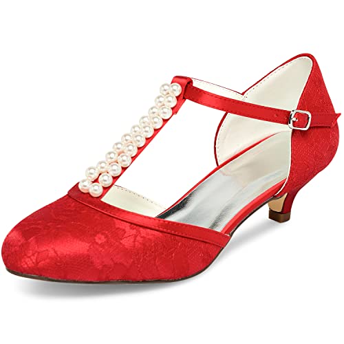 JIAJIA 01129 Damen Brautschuhe Geschlossene Zehe T-Riemen Niedrige Ferse Spitze Satin Pumpen Nachahmung Hochzeitsschuhe Farbe Rot,Größe 42 EU von JIAJIA