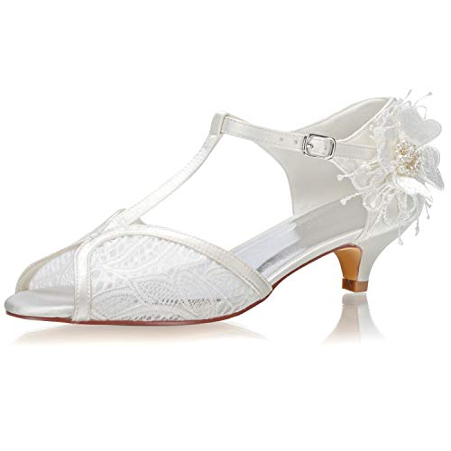 JIAJIA 01135 Frauen Brautschuhe Peep Toe T-Strap Low Heel Spitze Satin Flower Pumps Hochzeitsschuhe Farbe Elfenbein,Größe 42 EU von JIAJIA