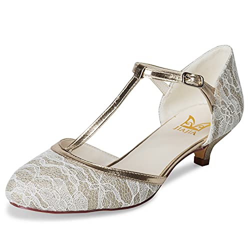 JIAJIA 01141 Damen Brautschuhe Geschlossene Zehe T-Strap 4cm Niedriger Absatz Spitze Satin Pumps Glitzernde Hochzeitsschuhe Farbe Champagner,Größe 37 EU (4 UK) von JIAJIA