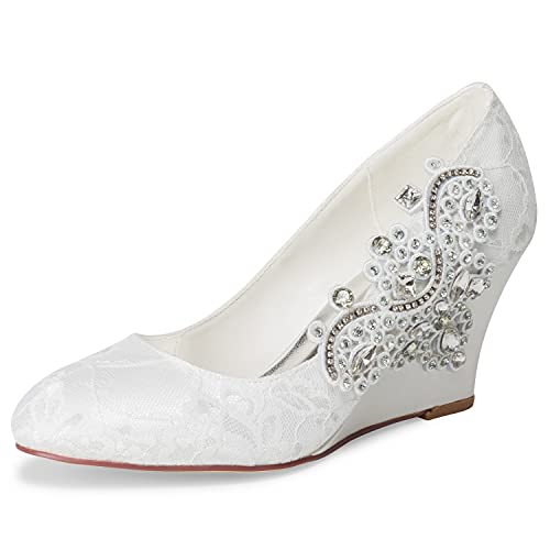 JIAJIA 1217524 Damen Brautschuhe Geschlossene Zehe 7,5 cm Keilabsatz Spitze Satin Pumps Strass Hochzeitsschuhe Farbe Elfenbein,Größe 36 EU (3 UK) von JIAJIA