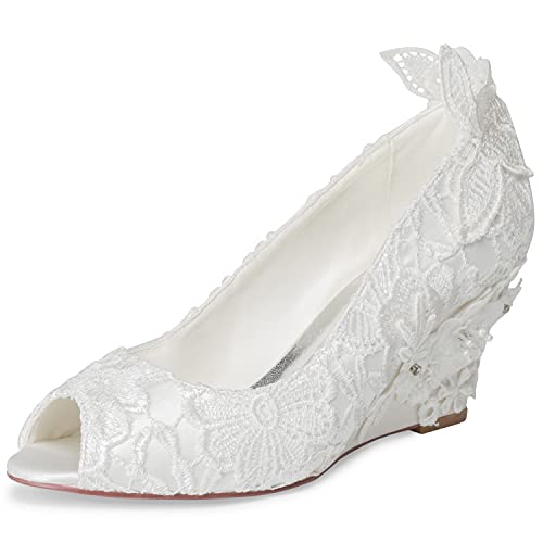 JIAJIA 1217525 Damen Brautschuhe Peep Toe 7,5 cm Keilabsatz Spitze Satin Pumps Strass Hochzeitsschuhe Farbe Elfenbein,Größe 38 EU (5 UK) von JIAJIA