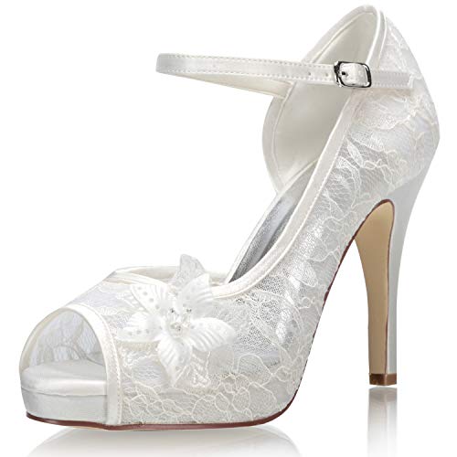 JIAJIA 154814 Damen Brautschuhe Peep Toe 10,5cm High Heel Spitze Satin Pumps Blume Hochzeitsschuhe Farbe Elfenbein,Größe 40 EU (6.5 UK) von JIAJIA